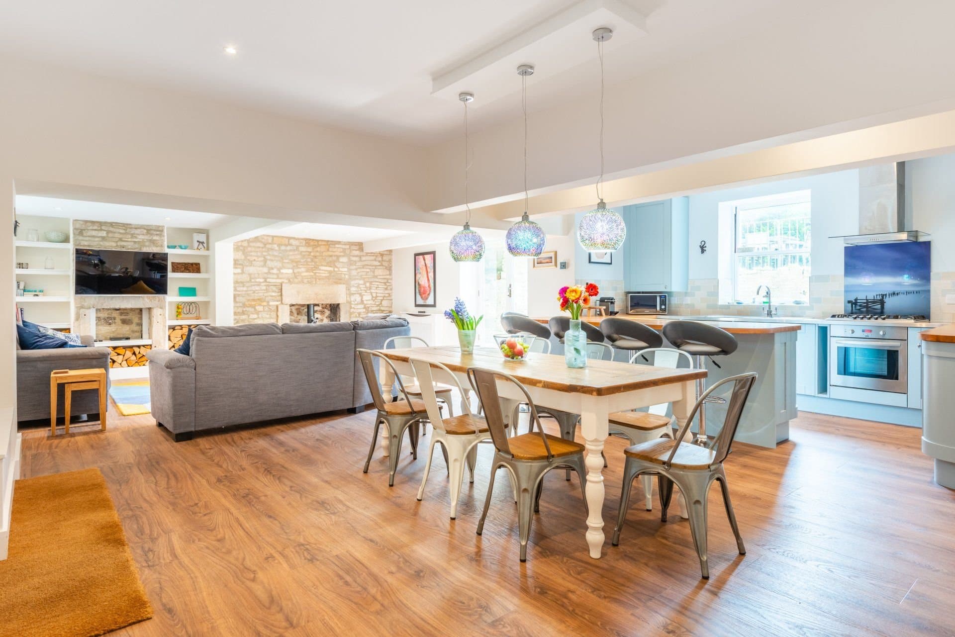 Open-plan living and dining space at Polly's Folly